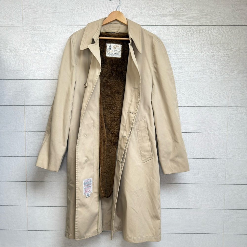 London Fog Vintage 70s Men's Trench Coat Shearling Lined Beige 40R Weathercoat - Picture 2 of 13